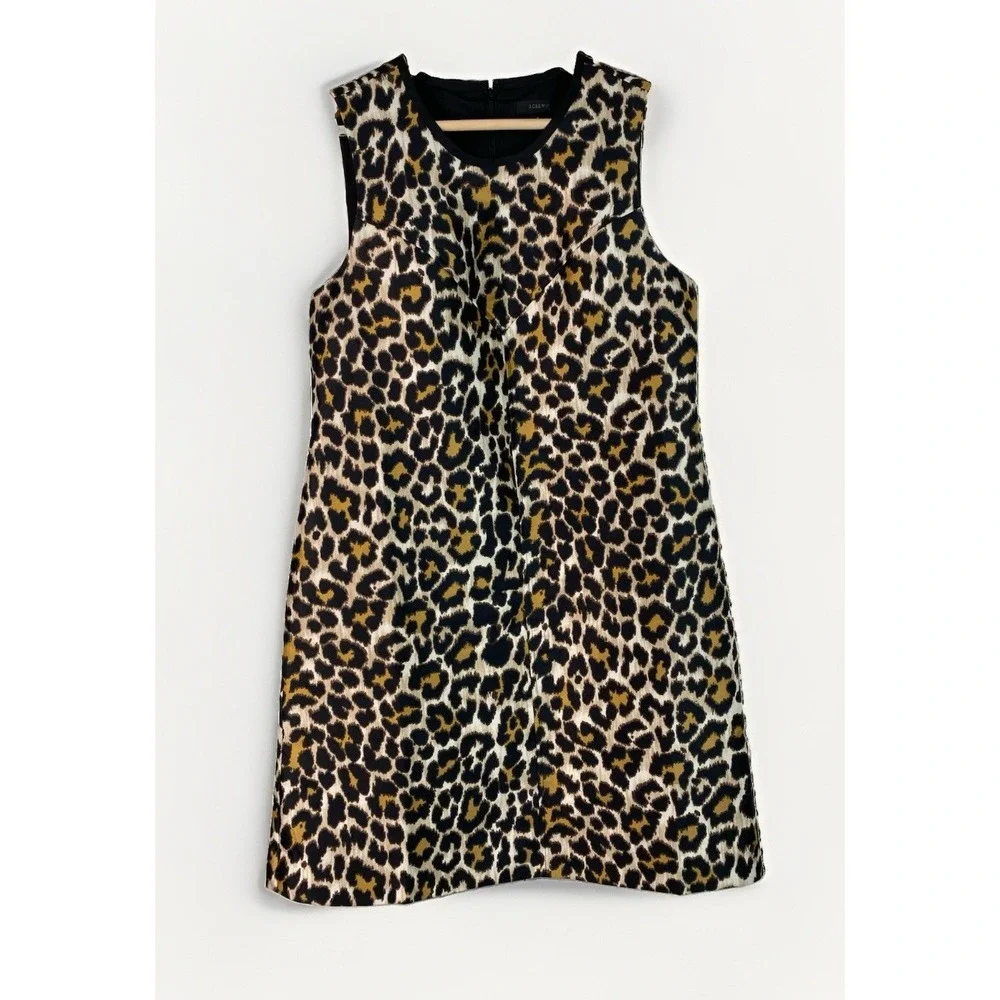 J. Crew Women's 6 Ivory Black Gold Sleeveless A-Line Leopard Animal Print Dress
